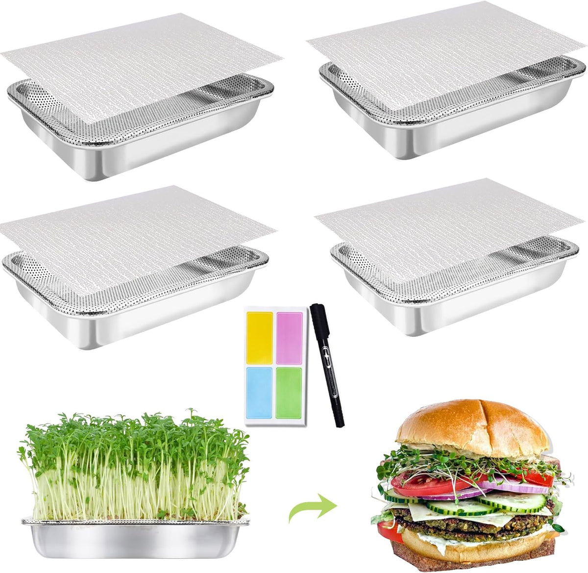 Stainless Steel Sprouts Growing Kit 4-Tier 10.4 inch Trays, Microgreens Growing Kit, Seed Sprouting Tray with Encrypted Mesh Sprouts for Beans Alfalfa Broccoli Wheat Grass