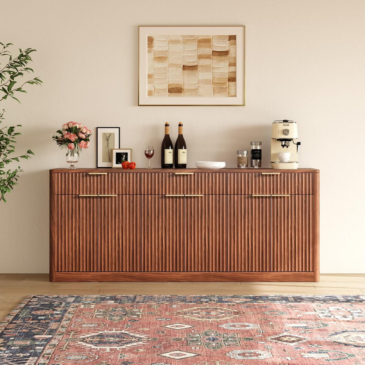 Evermagin 67" Fluted Walnut Sideboard Buffet Cabinet with 3 Drawers, Modern Credenza with Storage, Console Coffee Bar Cabinet for Kitchen, Living Room and Entryway (67" W x 31.5" H x 15.7" D)