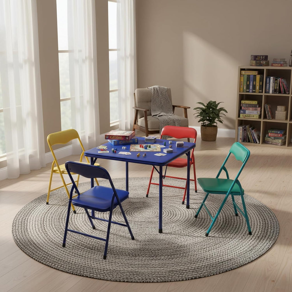 FurnitureR 5-Piece Folding Table and Chair Set, Compact Square Activity Table with 4 Folding Chairs, Sturdy Metal Frame, Flat-Fold Design for Game Room, Crafts, Family Activities