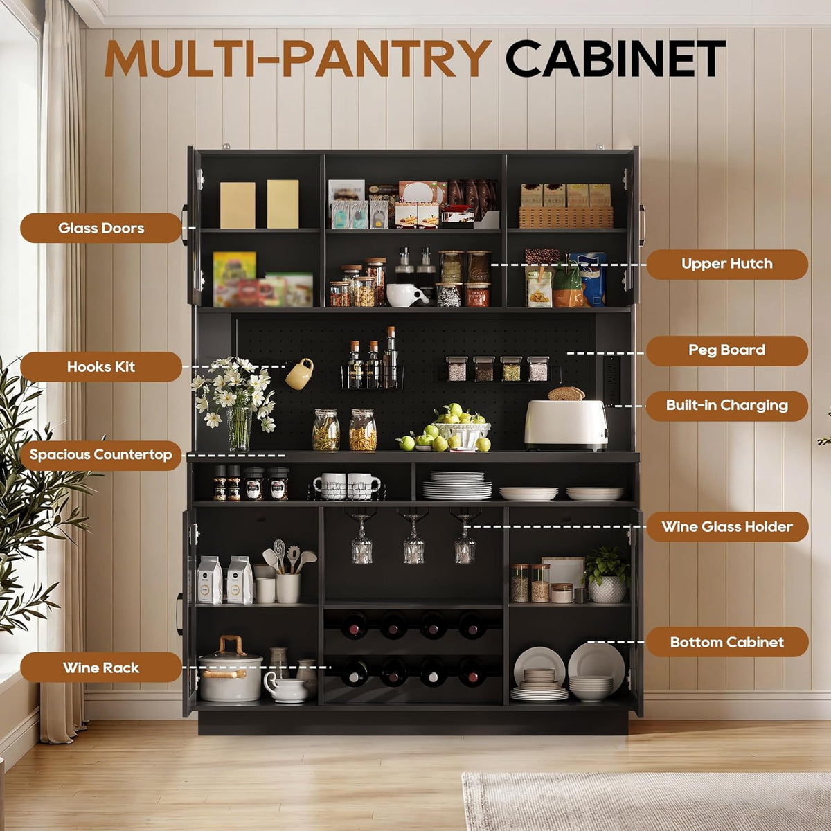 IPKIG 71" Kitchen Pantry Cabinet with Charging Station, Kitchen Hutch Storage Cabinet with LED Lights, Pantry Organizers and Storage with Anti-Tip Device for Dining Room, Black