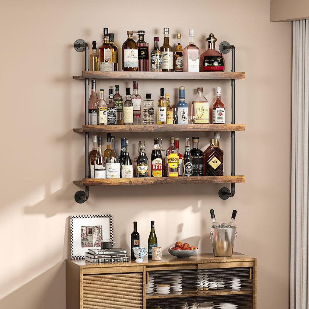3-Tier Wall Mounted Wine Rack with LED | Liquor Bottles Floating Shelves Display Storage Organizer for Home Bar Dining Room Kitchen ,31.5"W x 47.2"H