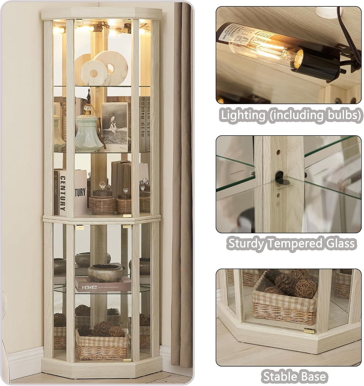 69" H Lighted Curio Cabinet Corner Display Case, Corner Glass Case with Adjustable Shelves and Tempered Glass, Wooden Curio Cabinet w/Mirrored Back Pane for Living Room