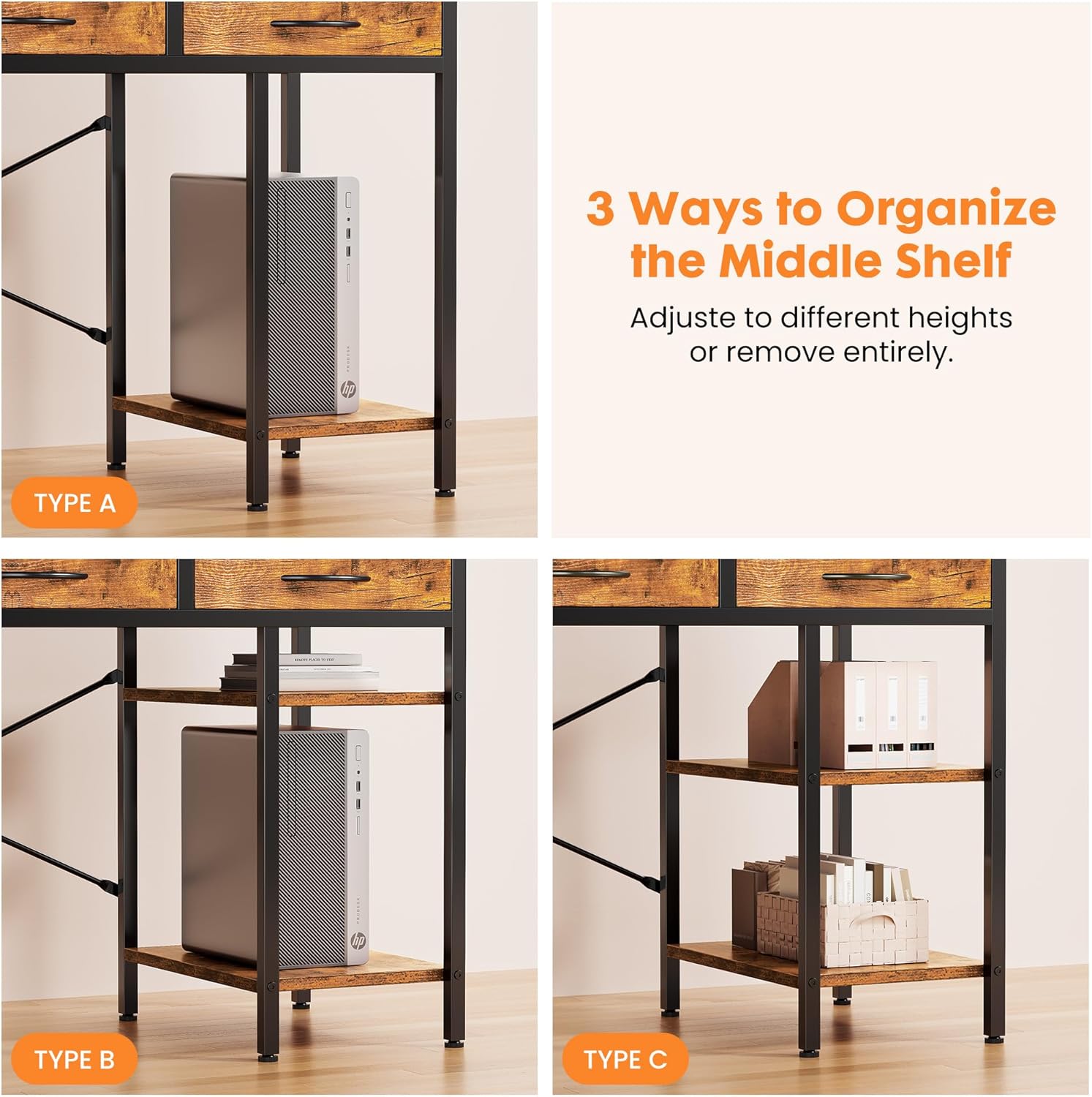Sweetcrispy 47" Computer Desk with 6 Fabric Drawers & Storage Shelves | Reversible Gaming Desk, Office Desk, Computer Workstation, Corner Desk with Storage, Home Office, Living Room,Rustic Brown