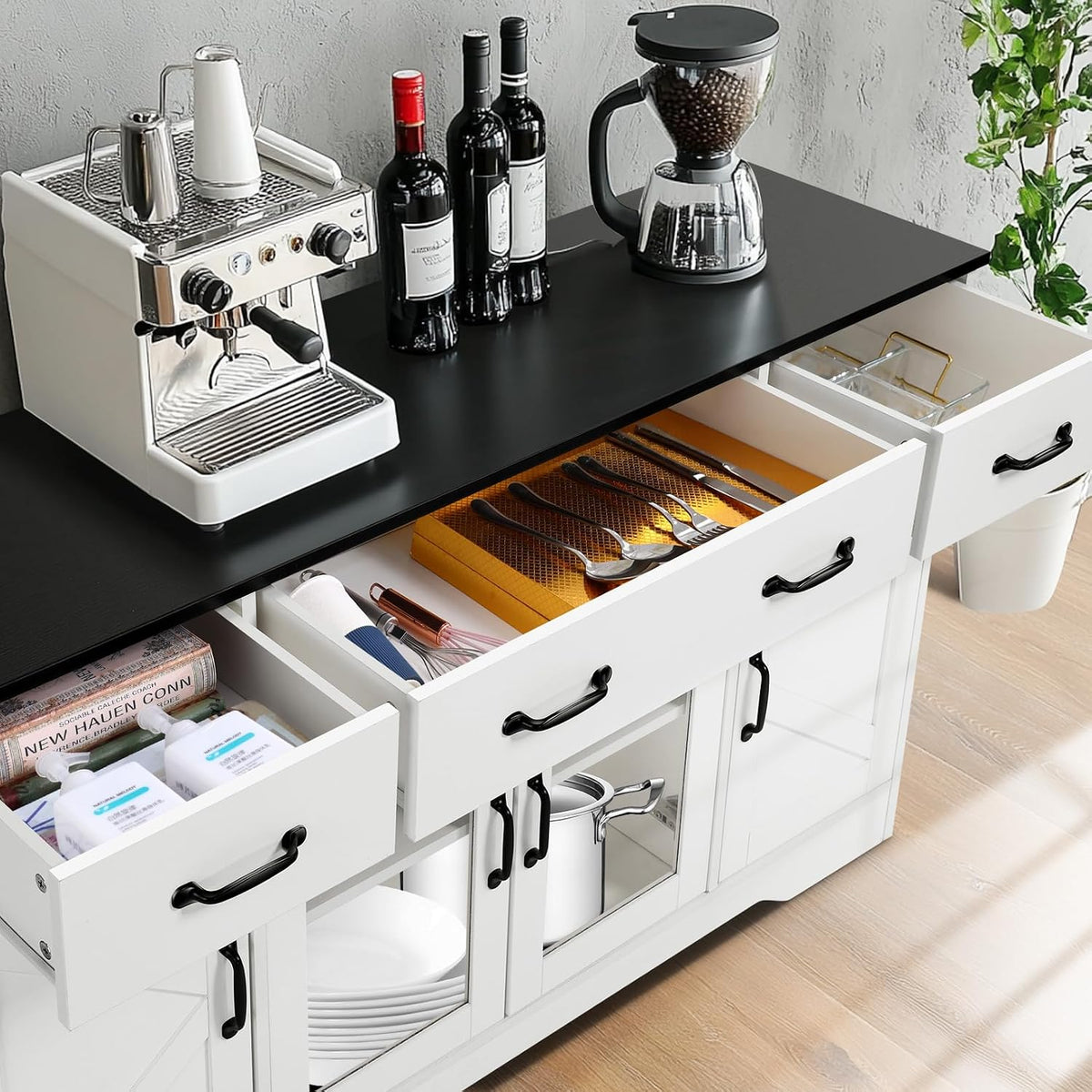 Likein Sideboard Buffet Cabinet with Storage - 55" Kitchen Storage Display Cabinet with 4 Drawers and Glass Doors, 15.8" D Farmhouse Wood Buffet Table Coffee Bar Cabinets for Entryway Living Room