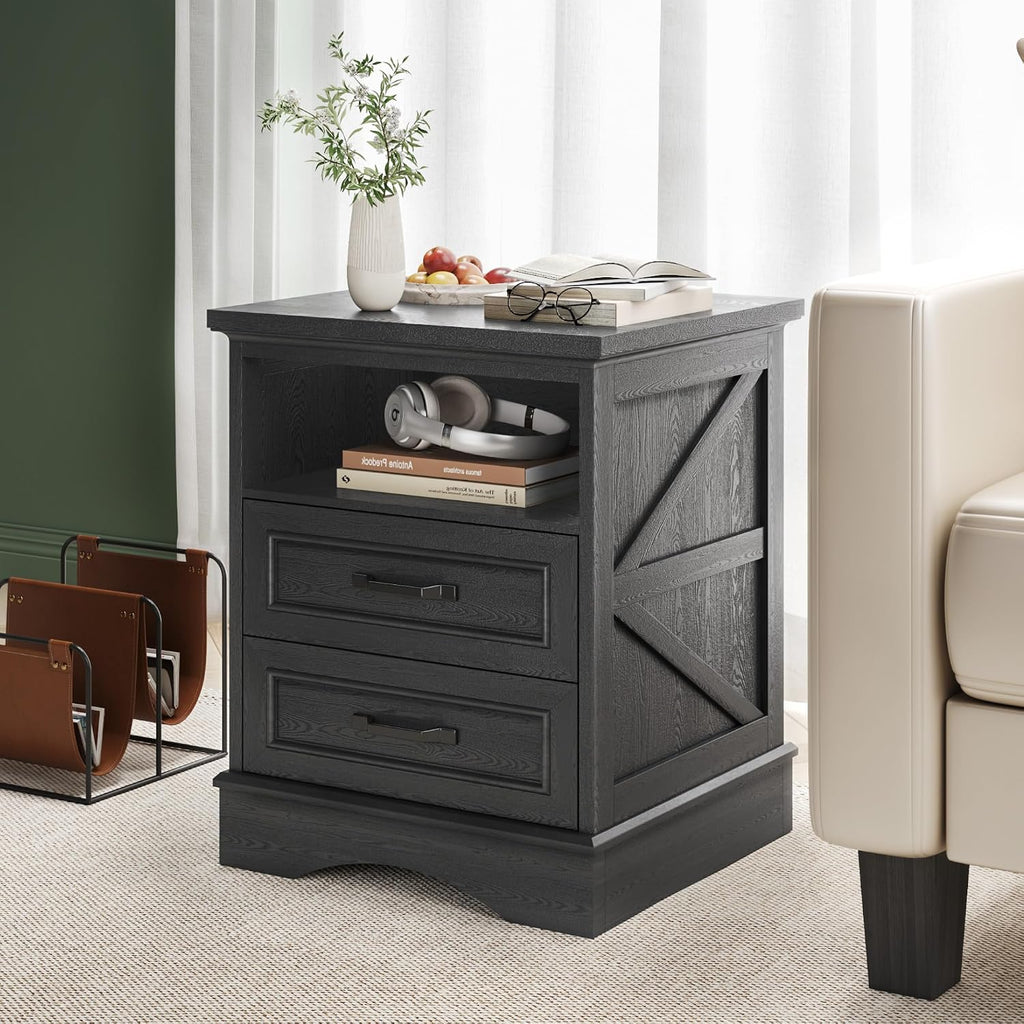 Fluest 24" Tall Farmhouse Nightstands Set of 2, Night Stands with Fast Charging Station, Beside Tables with Drawers and Open Storage, Rustic End Tables for Bedroom, Antique Black