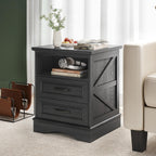 Fluest 24" Tall Farmhouse Nightstands Set of 2, Night Stands with Fast Charging Station, Beside Tables with Drawers and Open Storage, Rustic End Tables for Bedroom, Antique Black