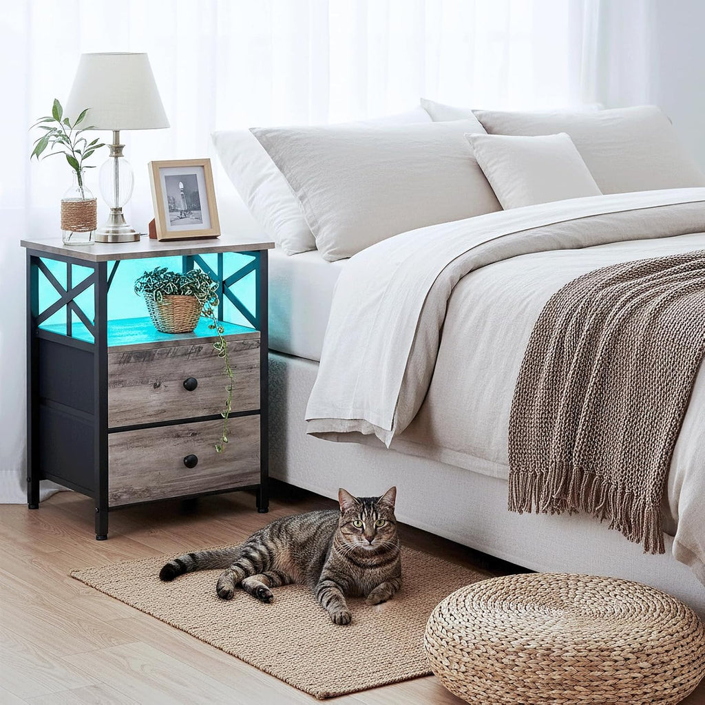 AMHANCIBLE Nightstands Set of 2 with Charging Station and LED Lights | Large Bedside Tables with USB Ports and AC Outlets, 2 Fabric Drawers, Modern Night Stand for Bedroom, Grey