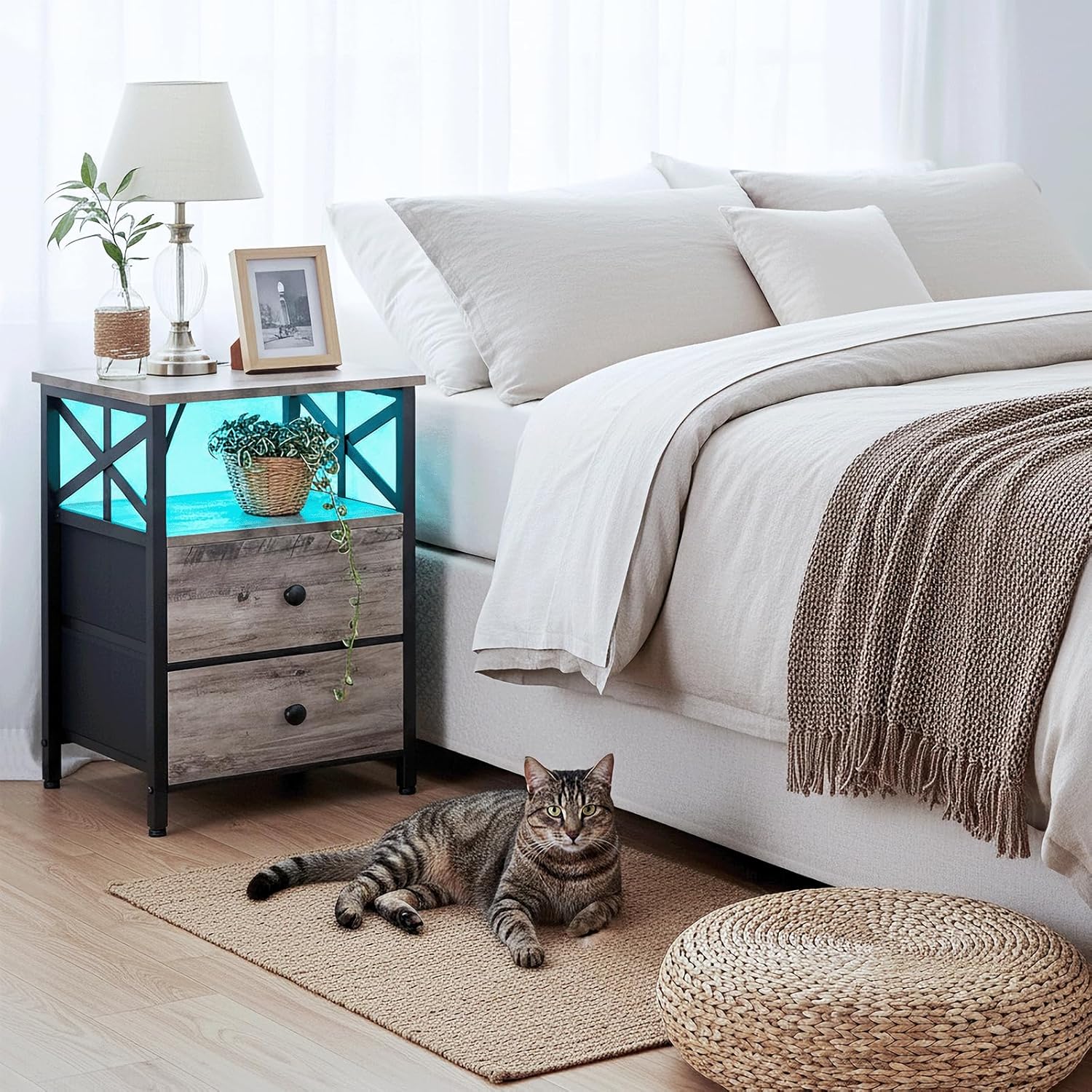 AMHANCIBLE Nightstands Set of 2 with Charging Station and LED Lights | Large Bedside Tables with USB Ports and AC Outlets, 2 Fabric Drawers, Modern Night Stand for Bedroom, Grey