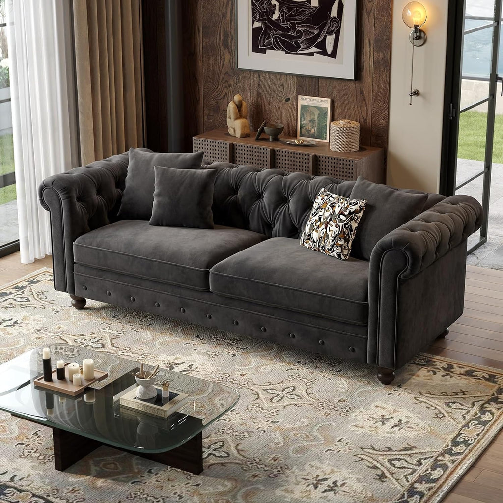 ONBRILL 82 Inch Chesterfield Sofa, 23 Inch Deep Seat Velvet Couch for Living Room, Button Tufted Couch with Rolled Arms, 2 Throw Pillows, Comfy Vintage Loveseat Sofa for Apartment, Black