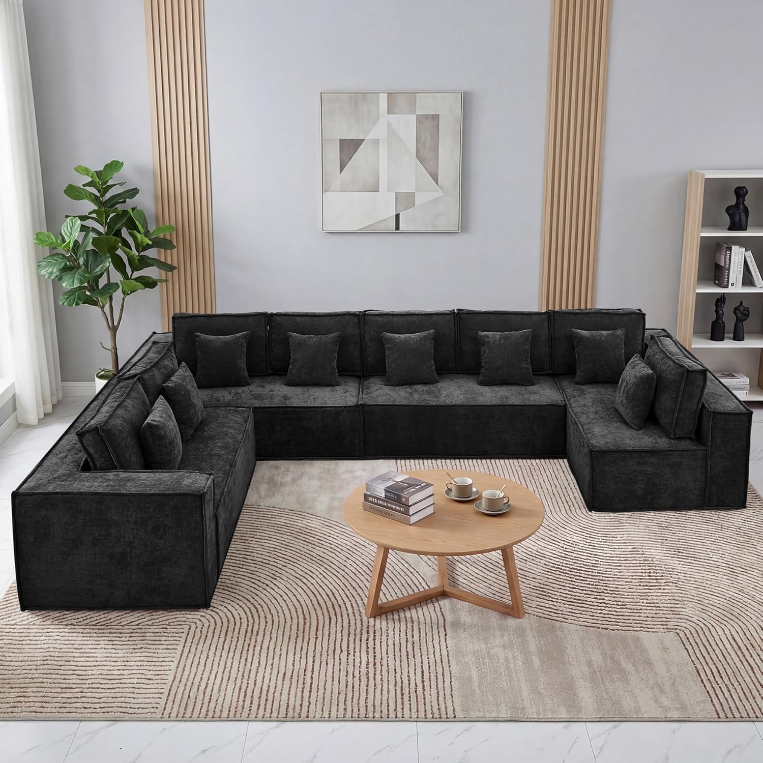 167'' Chenille U Shaped Couch, Oversized Modular Sectional 8 Seater Sofa, Modern Deep Seat Corner Cloud Compressed Couch, No Assembly Sleeper Sofa with Chaise for Living Room, Black
