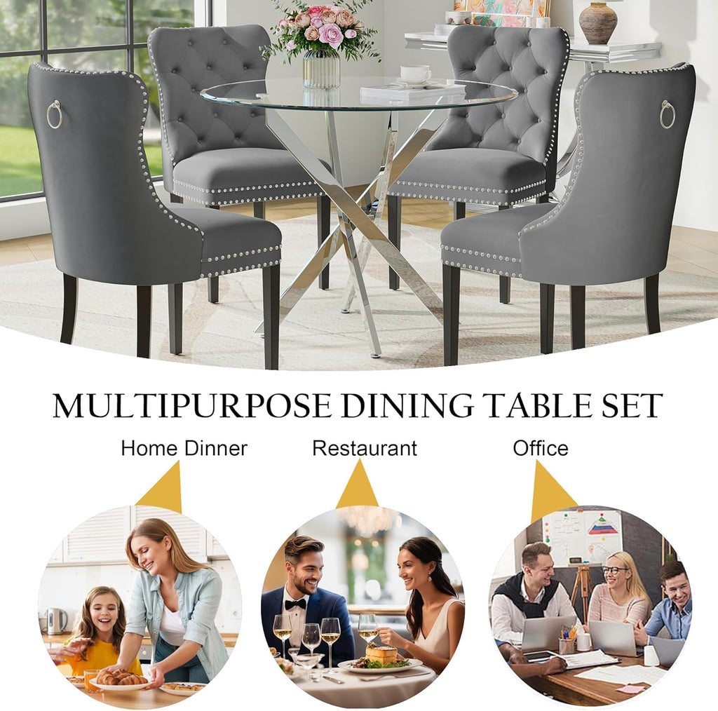 Round Glass Dining Table Set for 4, Modern 36 Inch Glass Kitchen Table with Silver Stainless Steel Legs and 4 Grey Velvet Chairs, for Dining Room, Apartment, Small Space