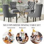 Round Glass Dining Table Set for 4, Modern 36 Inch Glass Kitchen Table with Silver Stainless Steel Legs and 4 Grey Velvet Chairs, for Dining Room, Apartment, Small Space