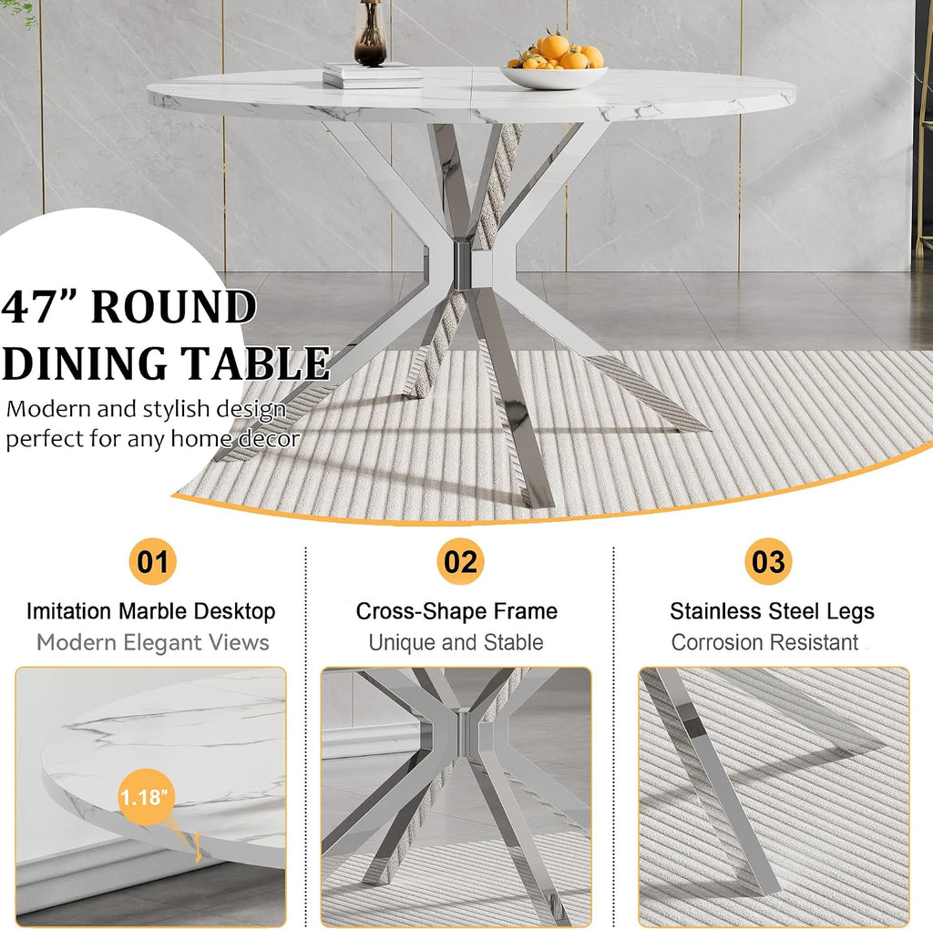 Round Faux Marble Dining Table for 4-6 Modern 47.2" Kitchen Table with Silver Stainless Steel Cross Legs Circle Dinner Table for Dining Room Living Room Apartment