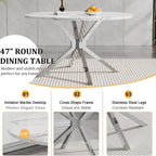 Round Faux Marble Dining Table for 4-6 Modern 47.2" Kitchen Table with Silver Stainless Steel Cross Legs Circle Dinner Table for Dining Room Living Room Apartment