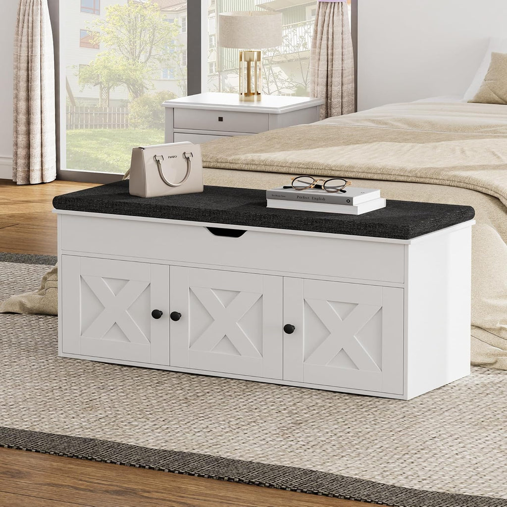 Homleke Shoe Storage Bench with Lift Top & 3 Barn Doors | Entryway Bench with Removable Cushion, Adjustable Shelf & Hidden Storage, for Hallway, Living Room & Bedroom, White