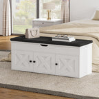 Homleke Shoe Storage Bench with Lift Top & 3 Barn Doors | Entryway Bench with Removable Cushion, Adjustable Shelf & Hidden Storage, for Hallway, Living Room & Bedroom, White