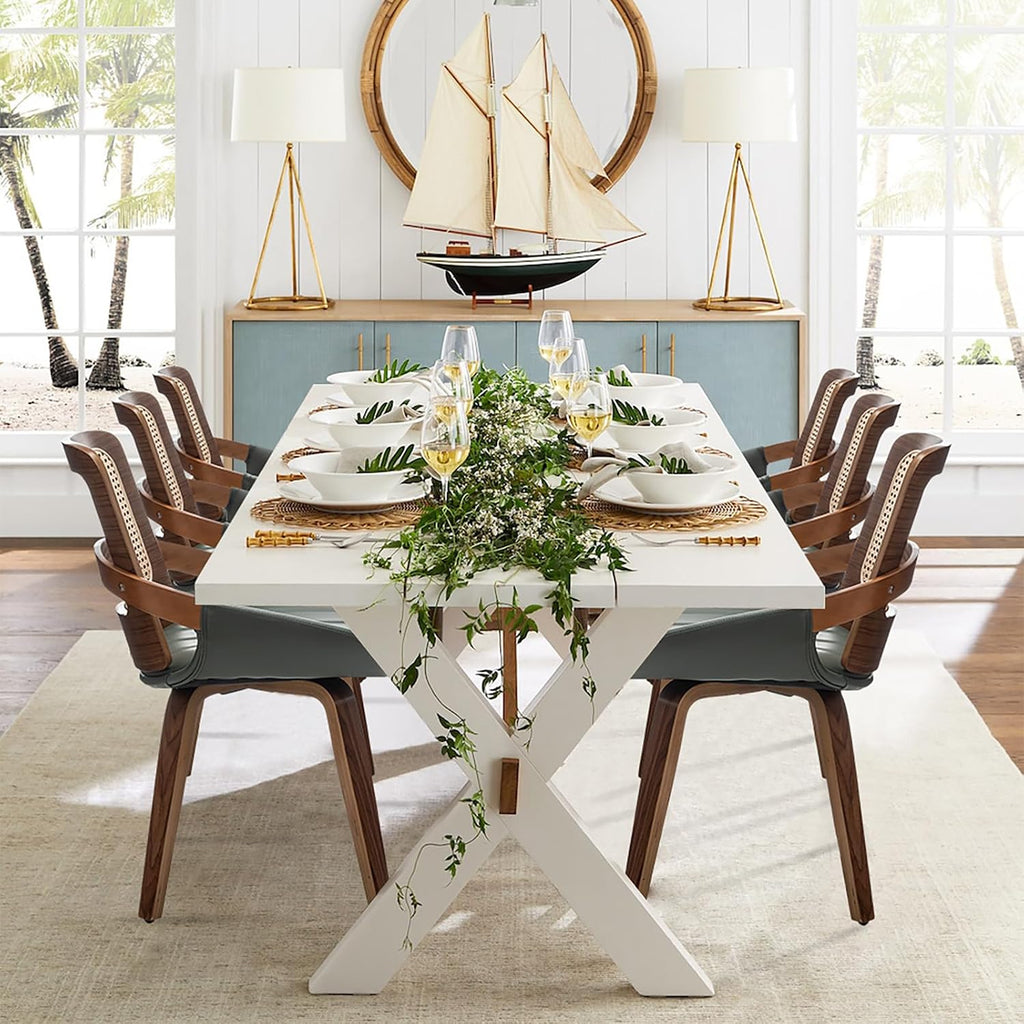 Set of 2 Kitchen & Dining Room Chairs - Green Dining Chairs with Walnut Bentwood Frame, Ergonomic Rattan Back, Curved Arms, Rattan Dining Chairs for Living Room/Reception/Kitchen/Desk (Walnut Green)