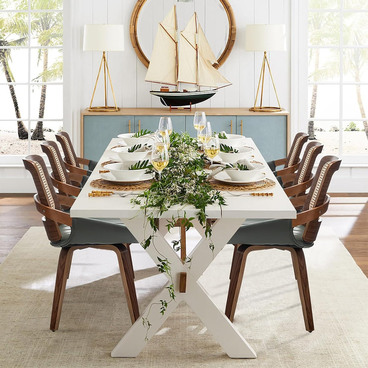 Set of 2 Kitchen & Dining Room Chairs - Green Dining Chairs with Walnut Bentwood Frame, Ergonomic Rattan Back, Curved Arms, Rattan Dining Chairs for Living Room/Reception/Kitchen/Desk (Walnut Green)