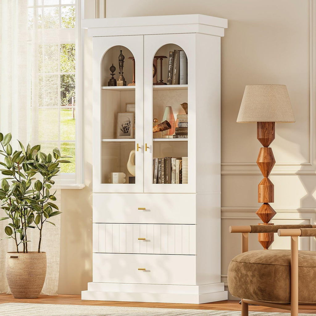 71" Arched Kitchen Modern Pantry Storage Cabinet, Tall Display Cabinet for Living Room and Dining Room with 1 Glass Door and 1 Open Shelf Cabinet with Drawers, White with Gold Handles, 2 of Set