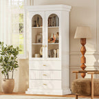 71" Arched Kitchen Modern Pantry Storage Cabinet, Tall Display Cabinet for Dining Room and Living Room with 1 Glass Door and 1 Open Shelf Cabinet with Drawers, White with Gold Handles, 2 of Set