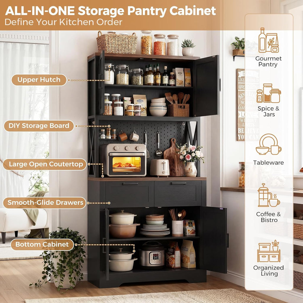 Unikito Pantry Cabinet with Microwave Countertop, 71" Tall Kitchen Pantry Storage Cabinet with Charging Station & LED Lights, Freestanding Kitchen Hutch with Drawers& Pegboard for Dining Room, Black
