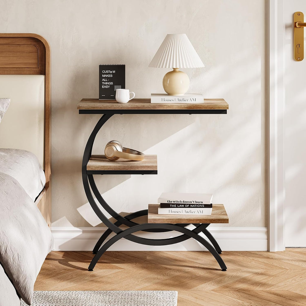 LITTLE TREE End Table, Narrow End Table with 3 Storage Shelves, Industrial C-Shaped Small Sofa Side Table for Living Room, Wood Slim Snack Table with Black Metal Frame, Oak