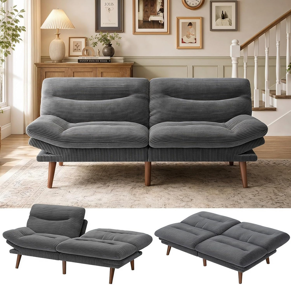 Marsail 66.02" Futon Sofa Bed, Convertible Couch & Sleeper Sofa, Light Grey | Versatile 2-in-1 Futon Sofa Bed with Adjustable Backrest & Armrests, Perfect for Small Apartments & Guest Rooms
