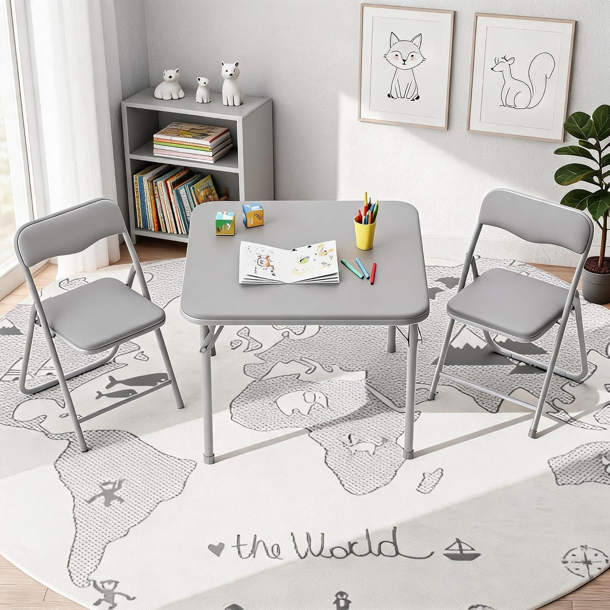 Kids Folding Table and Chairs Set 3-Piece PU Padded No Assembly | Fold-Flat Design + No Assembly + PU Padded Comfort – A Perfect Space-Saving Activity Set for Kids Ages 2-8