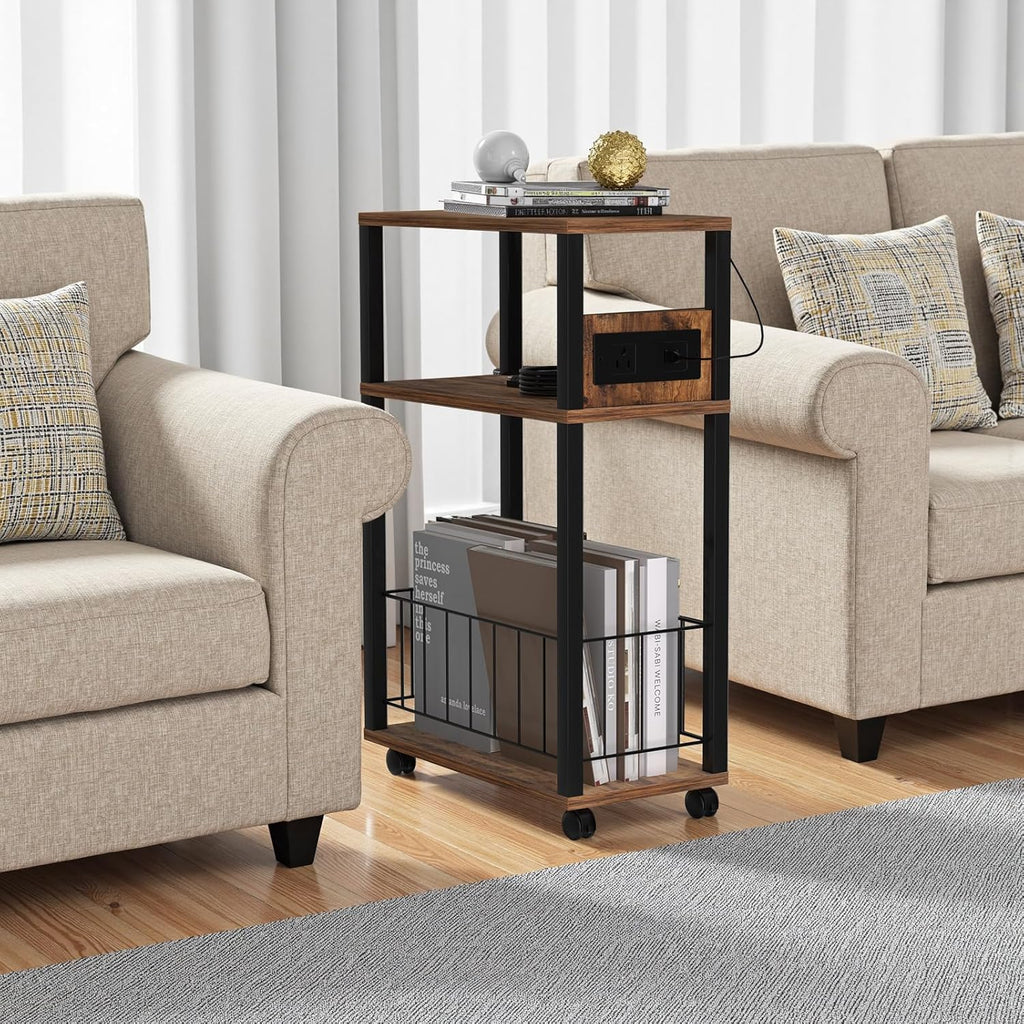 DGSANDGO Narrow Rolling Side Table with Charging Station (Outlets/USB Ports) & Storage Basket - Small Space End Table for Living Room Bedroom Office (Rustic Brown)