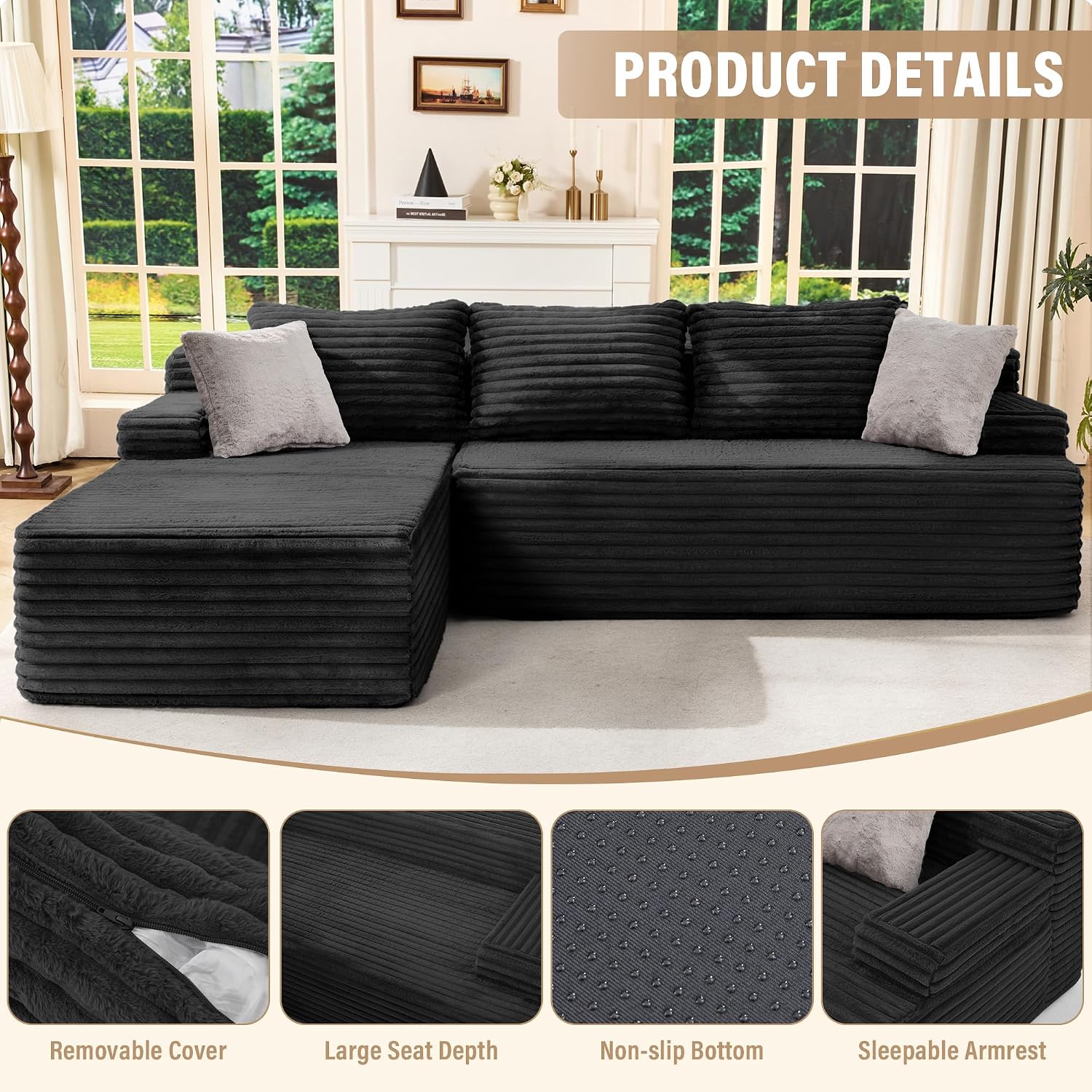 Hobestluk Couch Modular Sectional Sofa L-Shape Lounge Cloud Couch | Memory Foam,Washable Cover,No Assembly,Non-slip Base,Small Sectional Couches for Living Room | 96" Left Facing Chaise Black
