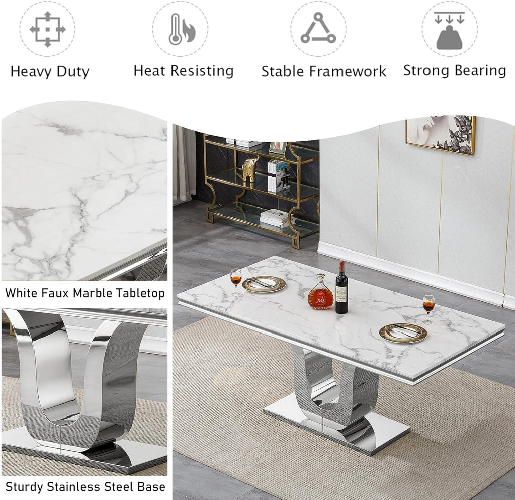 Modern White Dining Table for 6, U-Shape Stainless Steel Base, Marble Dining Room Table for 4-6, 68''L x 34''W Faux Marble Tabletop, Sturdy High Gloss Base, Rectangular Home Kitchen Table