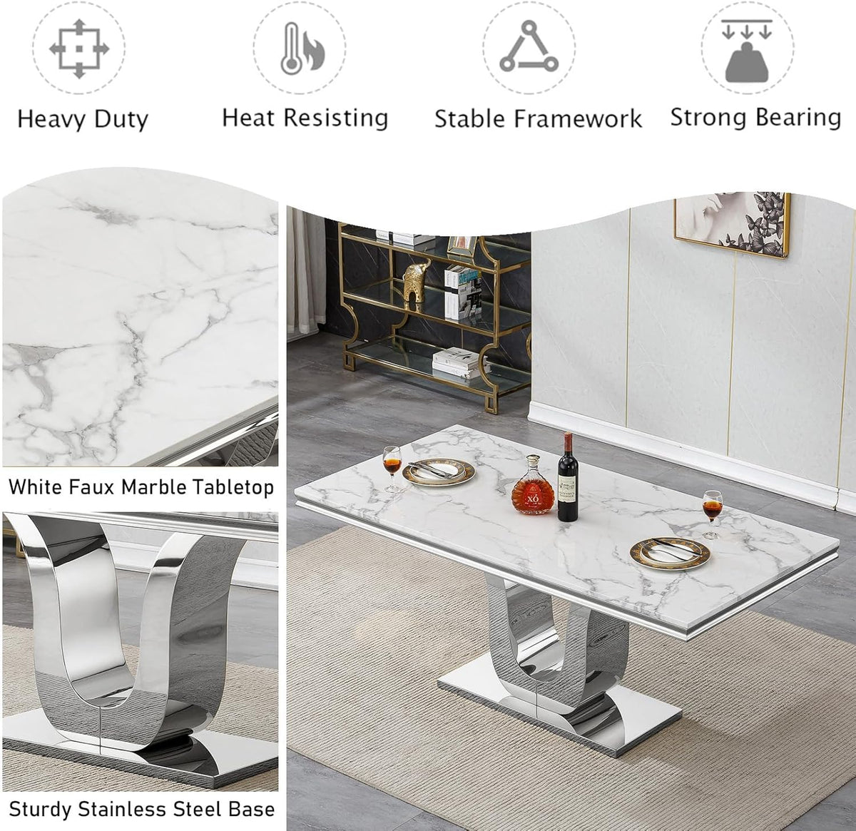 Modern White Dining Table for 6, U-Shape Stainless Steel Base, Marble Dining Room Table for 4-6, 68''L x 34''W Faux Marble Tabletop, Sturdy High Gloss Base, Rectangular Home Kitchen Table