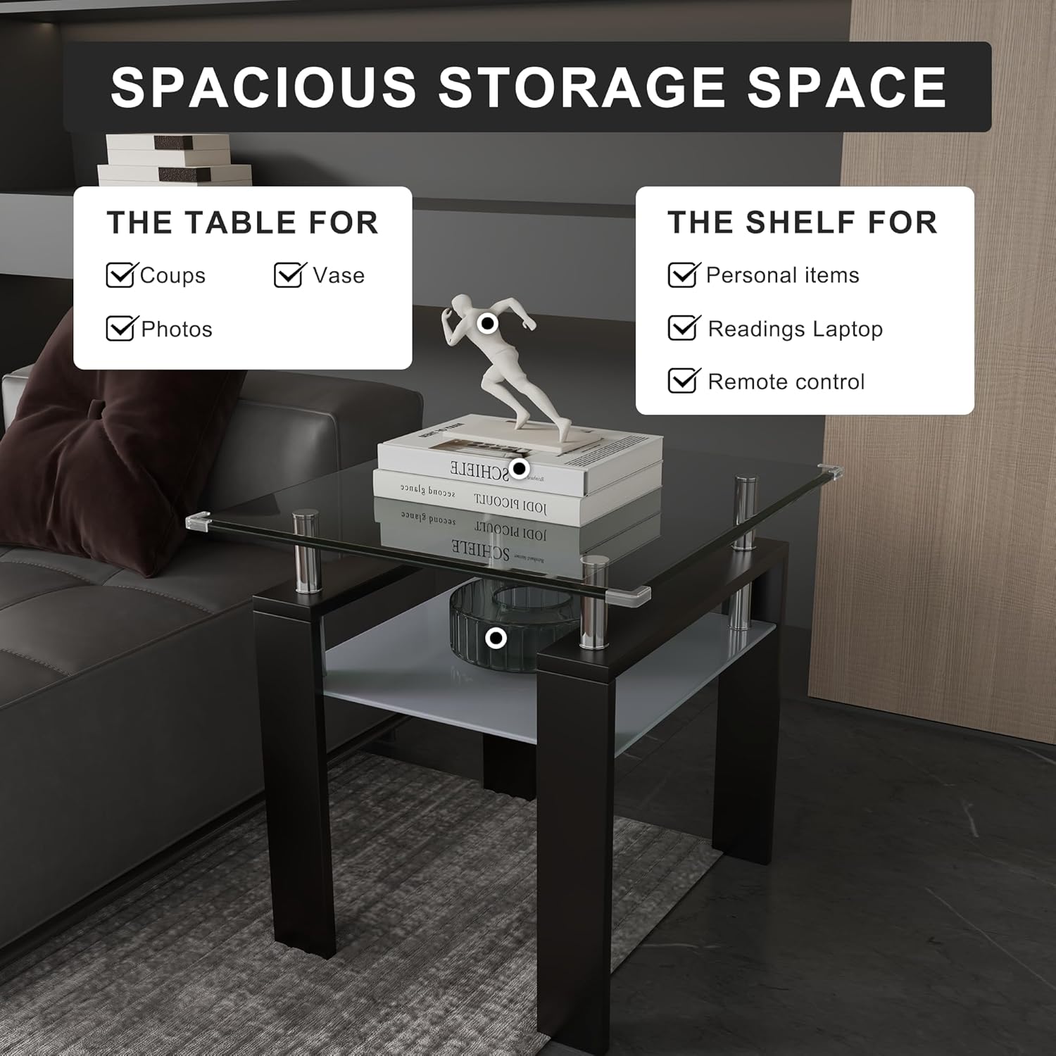 Square Glass End Table,2-Tier Tempered Glass Modern Living Room Side Table with Metal Leg,Living Room/Small Space/Apartment