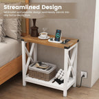 Hadulcet Farmhouse End Tables Living Room Set of 2, Narrow Side Table with Charging Station, Slim Nightstand for Small Space, Skinny Bedside Table, Sofa Side Table with Storage Shelf, White & Brown