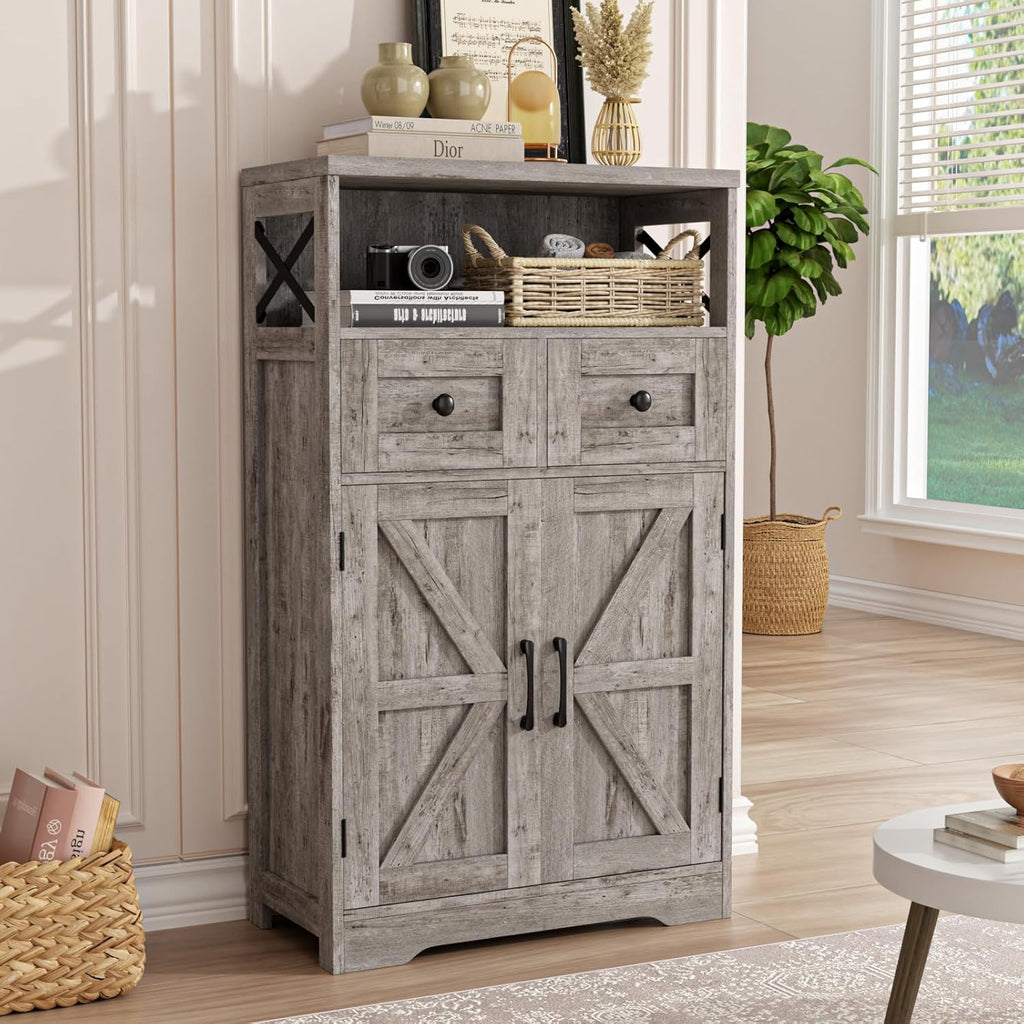 FiveWillowise Small Farmhouse Storage Cabinet with Barn Doors, Farmhouse Kitchen Pantry Cabinet, Tall Coffee Bar with Storage, Hutch Cupboard for Kitchen, Laundry, Living Room, Washed Grey