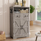 FiveWillowise Small Farmhouse Storage Cabinet with Barn Doors, Farmhouse Kitchen Pantry Cabinet, Tall Coffee Bar with Storage, Hutch Cupboard for Kitchen, Laundry, Living Room, Washed Grey