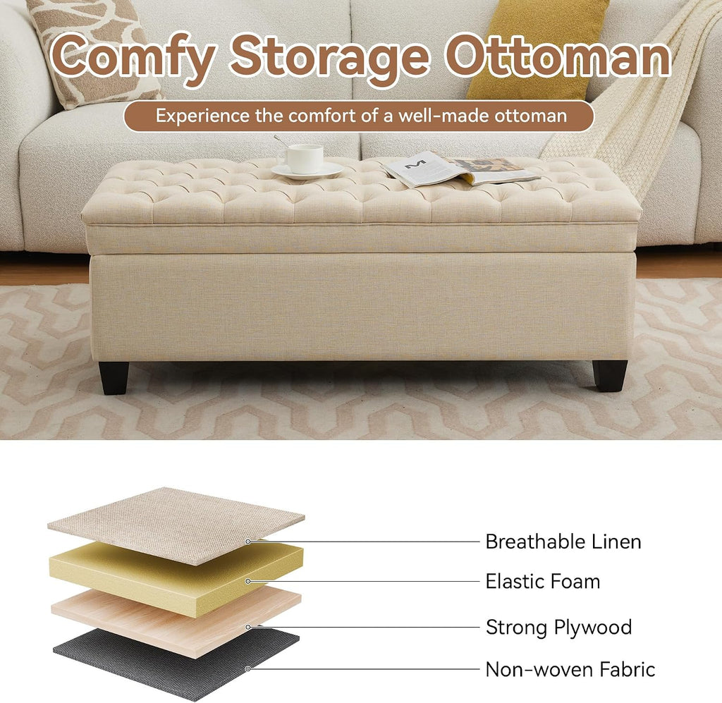 WUTUTUEE 51" Fabric Storage Ottoman Bench, Upholstered Rectangle End of Bed Storage Ottoman Tufted Living Room Bedroom Bench with Safety Hinge, Solid Wood Legs, Loads 500 lb(Khaki)