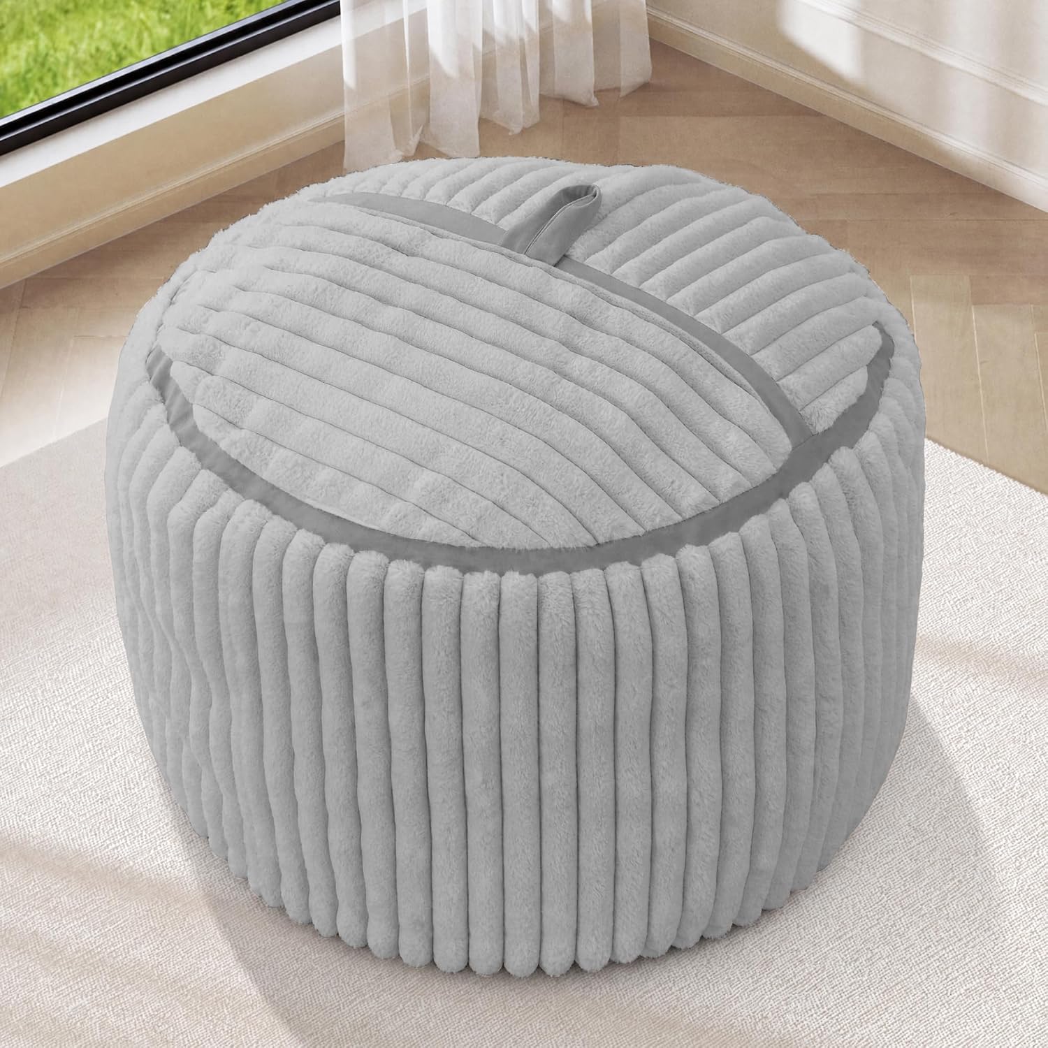2FT Bean Bag Chair 2'Bean Bag Chairs with Memory Foam Filled Small Bean Bag | Bean bags with Machine Washable Cover Corded Plush Fabric, Comfy Chairs for Living Room, Bedroom, Dorm, Lightgrey