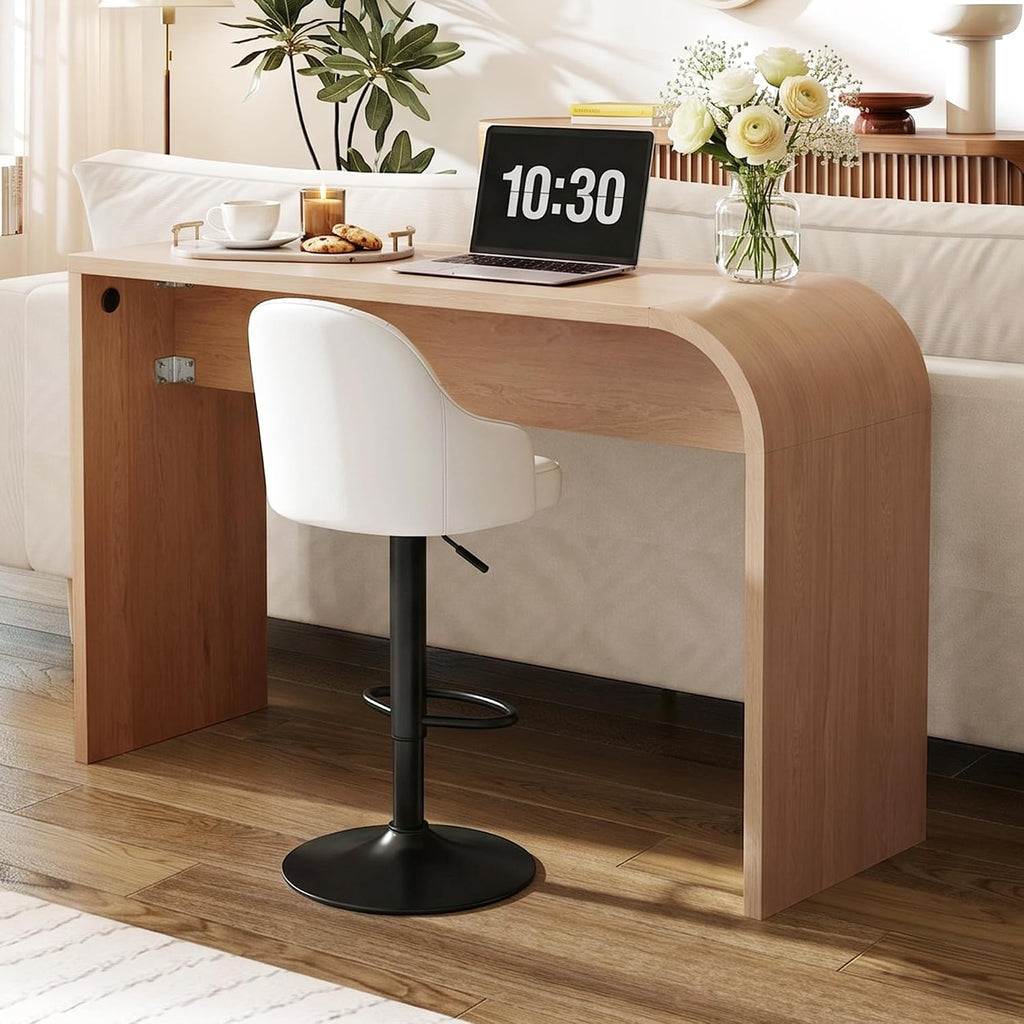 Curved Narrow Console Table, Skinny Behind Couch Counter Height Bar Table | 55.12"Lx17.72"Dx35.43"H Mid Century Modern Slim Breakfast Accent Table for Entryway Hallway Living Room, Rounded Edge-Natural