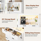 Unikito 71" Tall Kitchen Pantry Storage Cabinet with LED Light & Outlet, 63" Wide Kitchen Hutch Cabinet with Large Countertop, DIY Pegboard and Drawers, Farmhouse Food Pantry for Living Room,