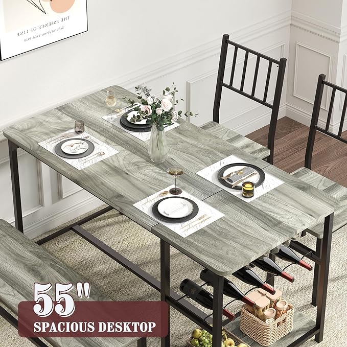 4 EVER WINNER Dining Room Table Set for 4, 55" Kitchen Table Set with Storage Shelf, Wine Rack & Wine Glasses Holder, Dining Table Set with 2 Chairs and Bench for Dining Room, Kitchen, Grey