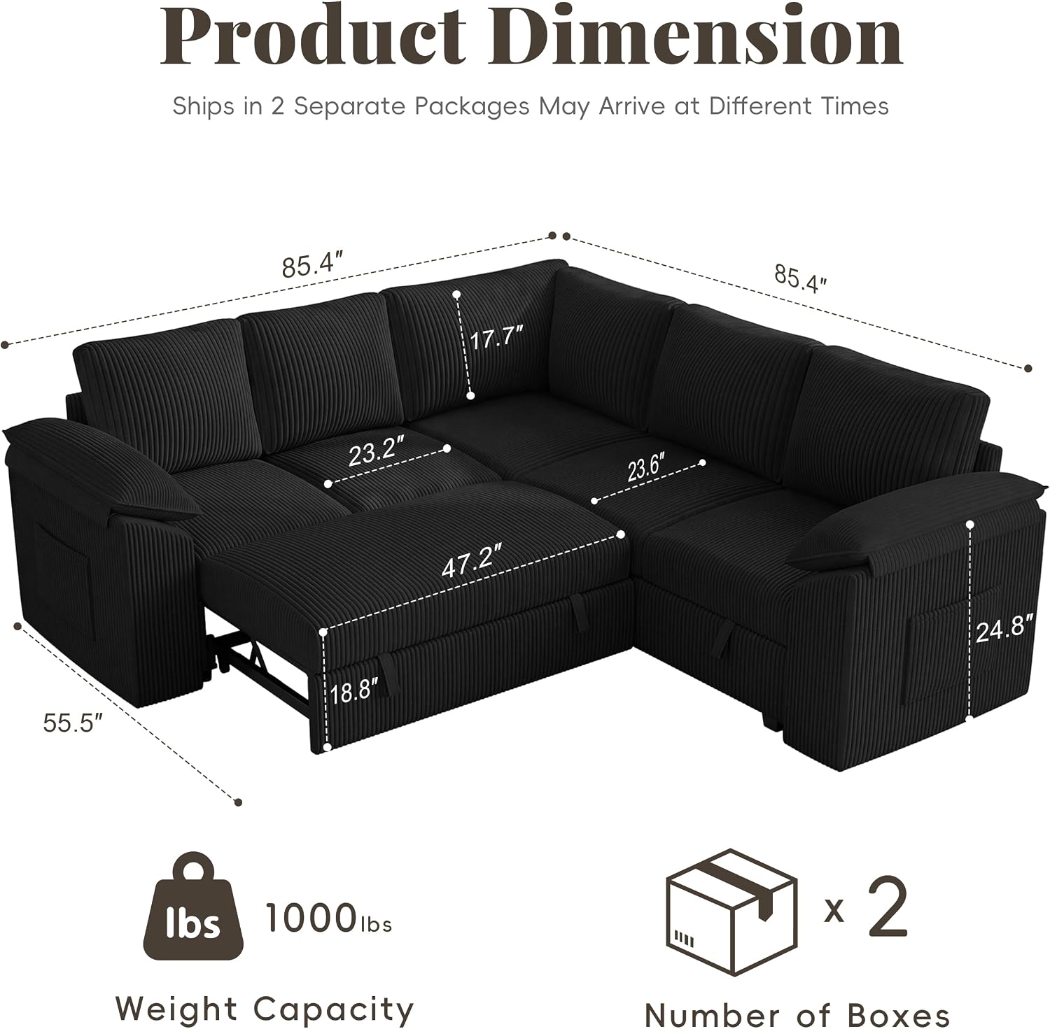 85 In L Shaped Modular Sectional Sofa Couch for Living Room, Black | Pull Out Sleeper Bed, 5 Seat Modular Design, Hidden Storage Space, Soft Corduroy Fabric, Removable Covers, Easy Assembly