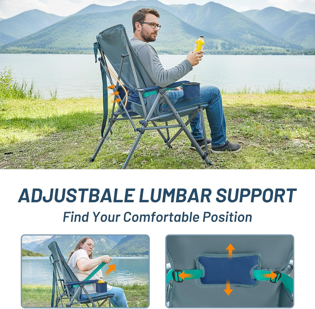 Timber Ridge Oversized Camping Chair with Lumbar Support, Portable Folding Chair Heavy Duty for Adults Supports 450 LBS for Outdoor Camping Lawn, with High Back, Cup Holder, Side Pocket, Blue