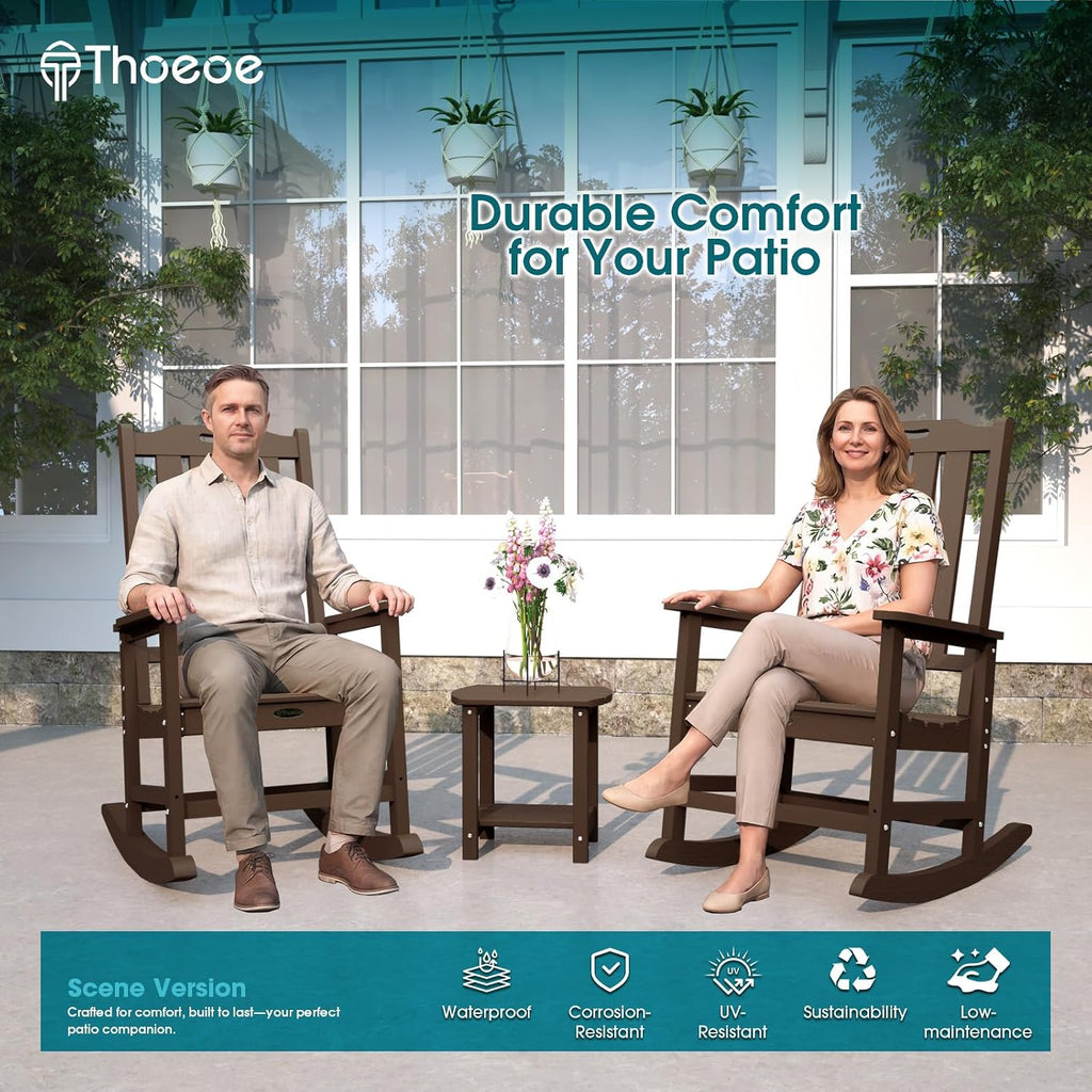 THOEOE Outdoor Rocking Chairs Set of 2, Oversized Patio Rocking Chair | HDPE Outdoor Rockers for Front Porch, Patio, Backyard, Balcony and Garden. All-Weather High Back Design, Brown