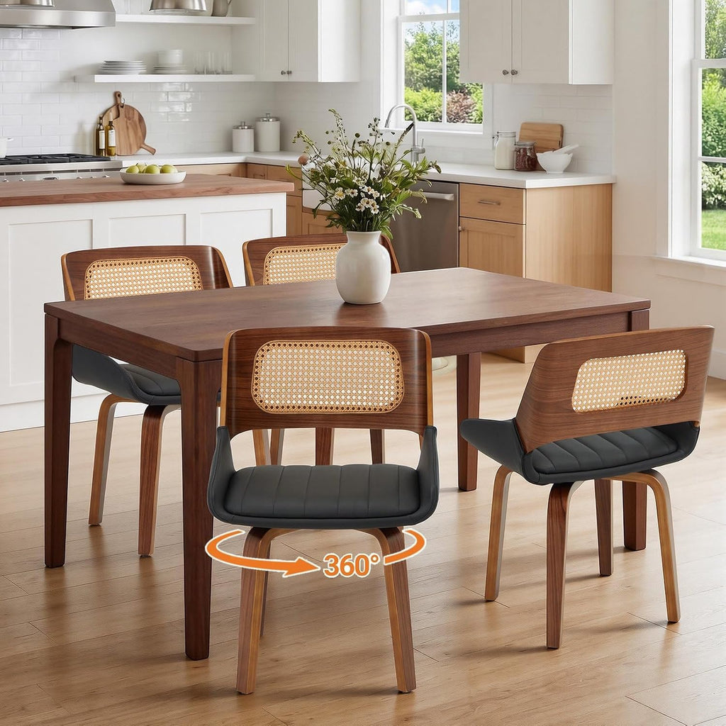 AVAWING Swivel Dining Chairs Set of 4, Mid Century Modern Dining Room Chairs with Cane Back & Leather Seat, Upholstered Rattan Chairs with Walnut Bentwood Frame & Adjustable Foot Pads, Black