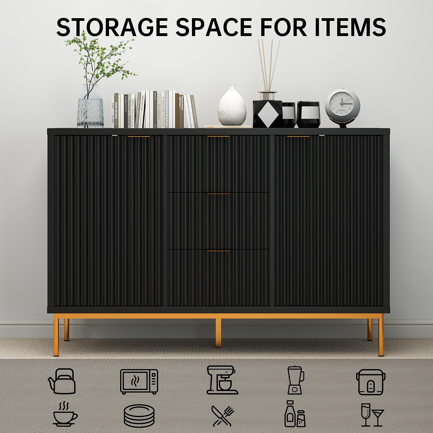 Fluted Sideboard Buffet Cabinet, Modern 47" Buffet Table with Storage, 2 Doors 3 Drawers and Adjustable Shelf, Coffee Bar Cabinet Credenza for Kitchen, Dining Room, Living Room, Black
