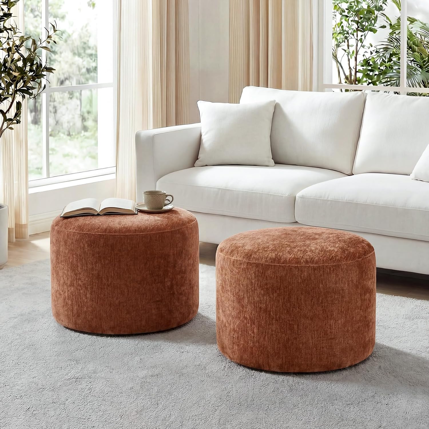 Flouki Pouf Ottoman Footrest, Foot Stools, Modern Round Upholstered Ottomans, Ottomans Pouffe, for Living Room, Bedroom, Entryway, Dorm, Selected Fabric (Orange-Brown, Set of 2)