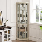 69" H Lighted Curio Cabinet Corner Display Case, Corner Glass Case with Adjustable Shelves and Tempered Glass, Wooden Curio Cabinet w/Mirrored Back Pane for Living Room