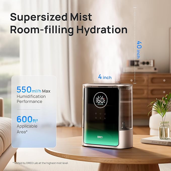 Dreo 8L Smart Humidifiers for Bedroom 600ft², 80H Runtime Warm&Cool Supersized Mist Humidifier for Large Room Indoor, Quiet Whole House humidifier for Baby, Plants, with Alexa/Google, Starlight,HM717S