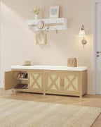 Hzuaneri Shoe Storage Bench, 2 Tier Shoe Bench with Padded Seat Cushion & 4 Barn Doors, 59" Entryway Bench with Adjustable Shelf, Farmhouse Shoe Cabinet for Living Room, Bedroom, Camel Yellow SB31502M